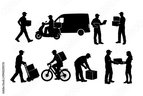 Silhouettes of delivery workers engaged in various transportation tasks.
