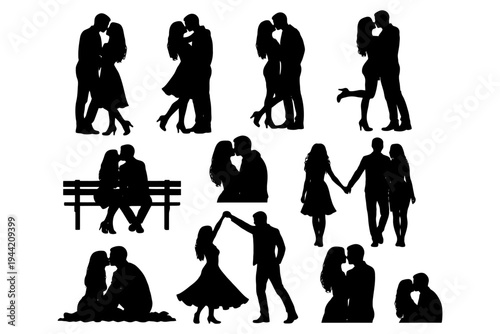Silhouette couples in romantic poses: dancing, embracing, and walking together.