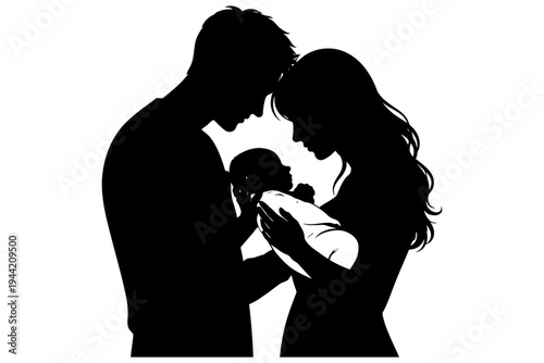 Silhouette of caucasian parents holding newborn baby with love and care.
