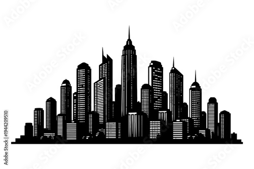 Silhouette of modern city skyline with skyscrapers and tall buildings.