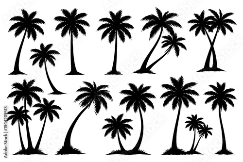 Silhouetted palm trees collection on white background.