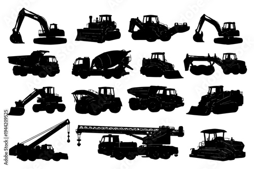 Silhouettes of construction vehicles: excavator, bulldozer, crane and more.
