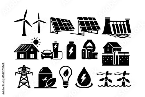 Renewable energy icons: solar, wind, hydro, storage, efficiency symbols.