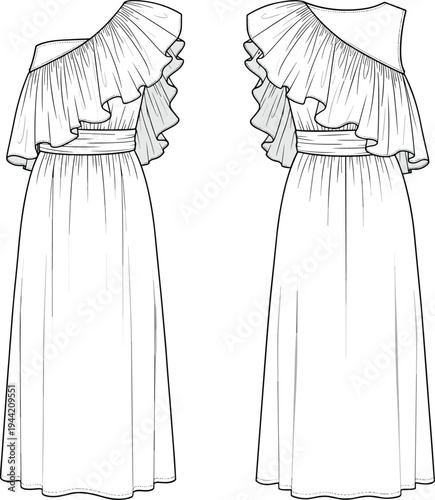 One shoulder dress sketch, ruffled overlay fashion illustration, elegant garment design template, apparel construction drawing, clothing pattern reference, couture outfit silhouette