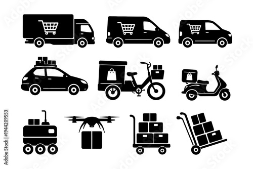 Silhouette icons of delivery vehicles and drones.