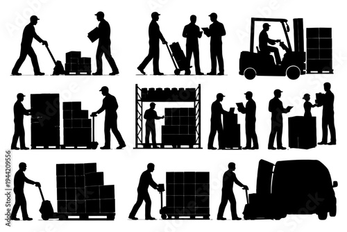 Silhouette illustration of workers handling warehouse logistics tasks and equipment.