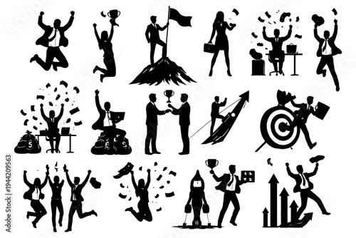 Business success silhouettes of professional achievements and celebrations.