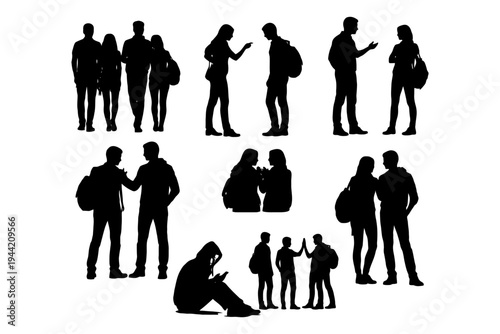 Silhouettes of diverse young adults socializing and communicating.