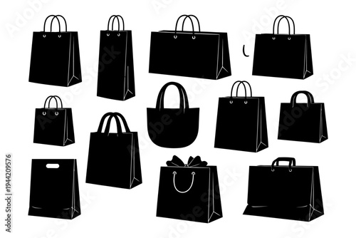 Assorted black shopping bags collection on white background.