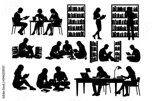 Silhouettes of people reading and studying in library settings.
