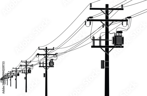Utility pole, transformer, power lines, silhouette, black and white, infrastructure, electricity, technical sketch, insulator, crossarm, overhead, distribution, industrial, engin