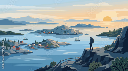 A vector illustration of a hiker overlooking a serene coastal village at sunrise, showcasing a peaceful, isolated landscape with muted blue and orange tones.