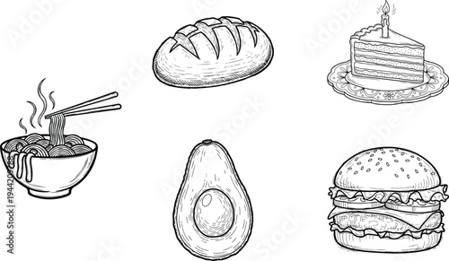 Hand-drawn style vector illustration set featuring various food items including noodles, bread, cake, avocado, and a burger, perfect for menus, packaging, or culinary designs.
