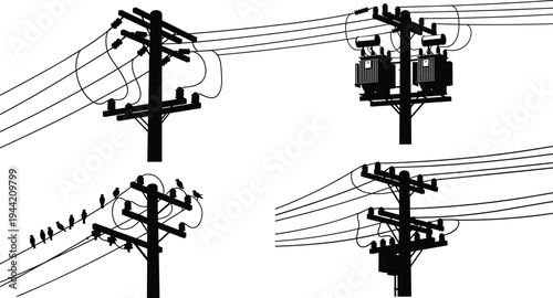 Utility pole, transformer, power lines, silhouette, black and white, insulator, crossarm, bird, infrastructure, electricity, sketch, technical, 