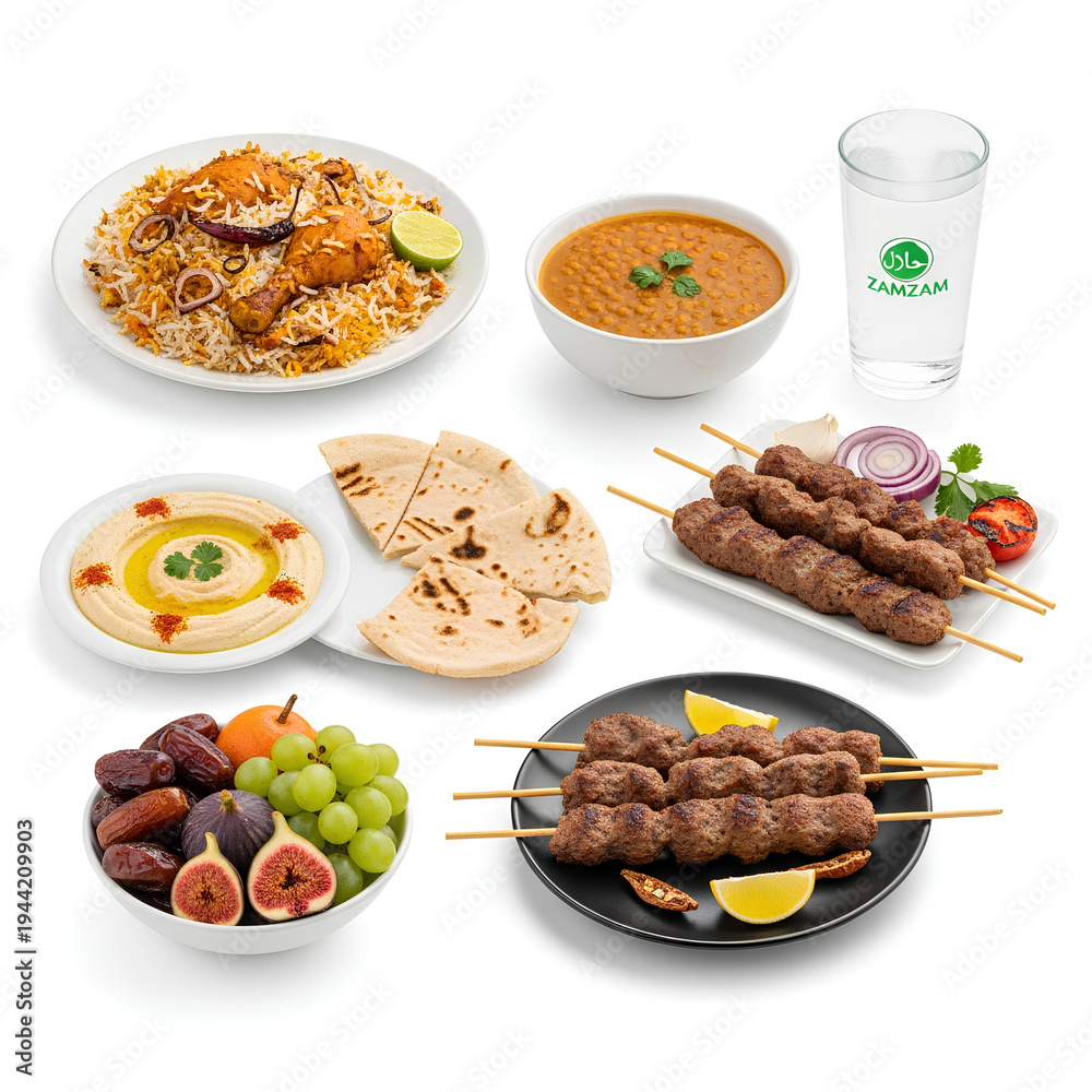 Fototapeta premium Middle Eastern Food Platter with Kebabs Hummus and Fruit.