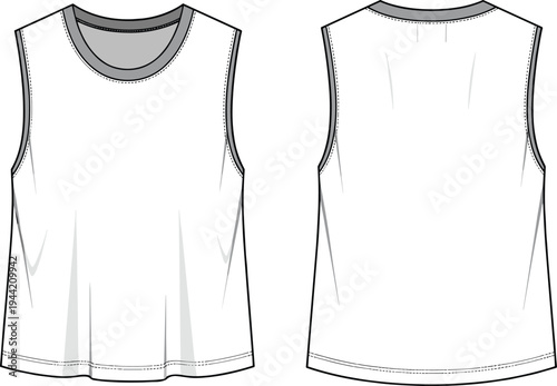 Sleeveless top sketch, round neckline fashion illustration, pleated detail garment design template, apparel construction drawing, clothing pattern reference, modern casual outfit silhouette