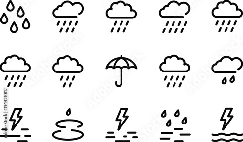 Collection of outline icons depicting precipitation and stormy weather: raindrops, rain clouds, umbrella, and lightning.