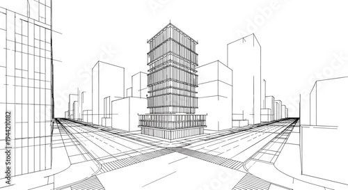 Street-level corner perspective of a modern urban intersection featuring a mid-rise building with a ribbed facade and minimalist city skyscrapers.
