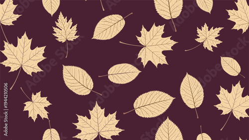 Seamless pattern of various beige autumn leaves including maple and beech on a dark burgundy background for textiles.