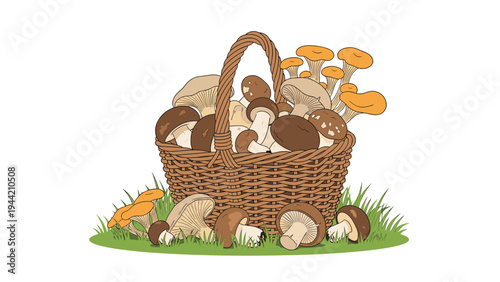 Wicker basket filled with various edible forest mushrooms sitting on a patch of green grass against a white background.