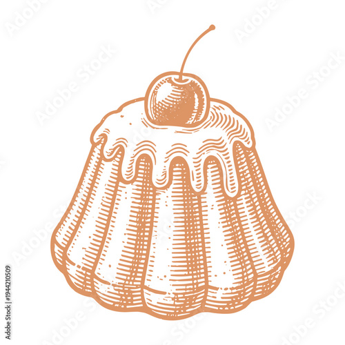Bundt Cake Dessert with Cherry On Top Vintage Sketch