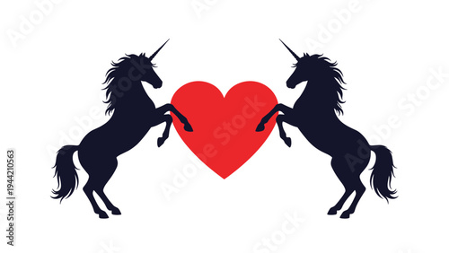 Two majestic black unicorn silhouettes rearing up on their hind legs facing a large red heart in a display of fantasy.