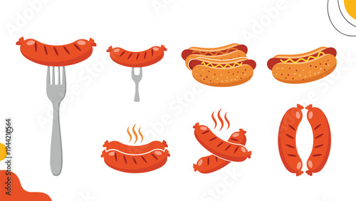 Assorted illustrations of grilled sausages and hot dogs including versions on a fork and in buns with mustard toppings.