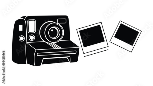 Icon of a classic black instant film camera shown alongside two blank photo prints for photography and nostalgia themes.