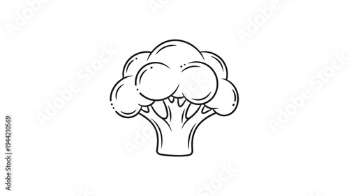 Simple black and white line drawing of a single fresh broccoli floret showing its unique organic texture and cabbage shape.