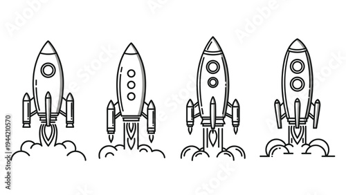 Set of four different rocket ship launch icons featuring various designs with smoke and flames in a minimalist line art style.