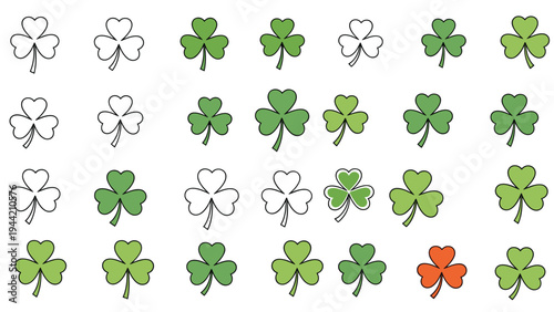 Assortment of three leaf clover and shamrock icons in various shades of green and one orange reflects Irish luck and tradition.