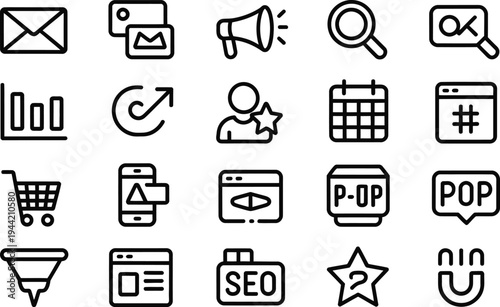 Collection of modern line icons for marketing, business, and communication, including email, social media, SEO, and analytics.