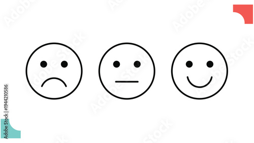 Three minimalist face icons with simple line expressions representing sad, neutral, and happy emotions for customer reviews.