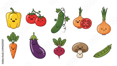 Variety of cute cartoon vegetables with happy faces including pepper, tomato, cucumber, onion, carrot, and eggplant in a large set.