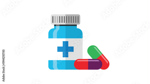Blue medical bottle with a cross label and various capsules or pills representing pharmacy and healthcare on a white background.