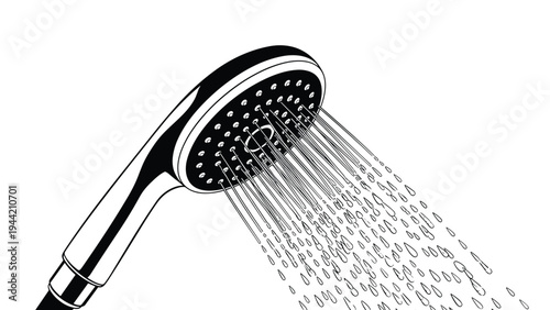 Close up black and white illustration of a modern shower head with many streams of water flowing out for bathroom design themes.