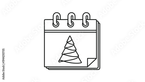Simple black line icon of a desk calendar page featuring a spiral Christmas tree symbol for holiday planning and events.