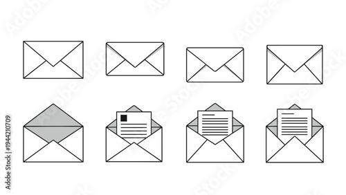 Collection of eight envelope icons showing closed, open, and mail with letters for communication and email concepts on white.
