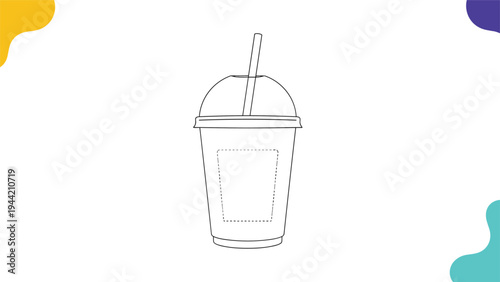 Simple black line drawing of a plastic cup with a dome lid and a straw on a clean white background for beverage branding projects.