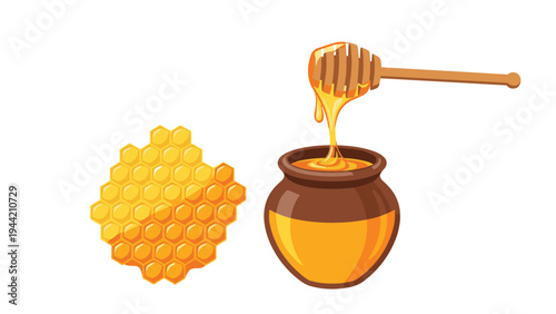 Delicious honey dripping from a wooden dipper into a brown ceramic pot next to a golden honeycomb piece on a white background.