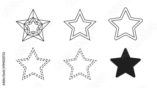 Variety of black and white star shapes in different styles like outline dashed dotted and geometric patterns for design.