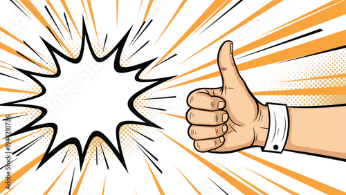 Close up of a hand giving a thumbs up gesture against a vibrant orange and white comic style sunburst background for success.