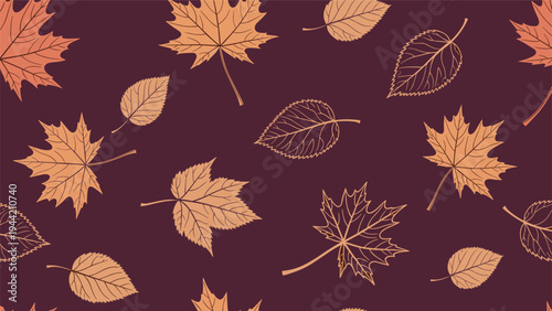 Seamless pattern featuring brown and beige autumn leaves like maple and birch on a dark burgundy background for fall decor themes.