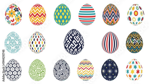 Collection of colorful easter eggs decorated with various patterns including floral geometric stripes and zigzags on white.