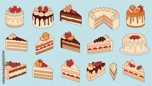 Large assortment of delicious cake slices and whole cakes with different toppings like fruit chocolate and cream on blue.