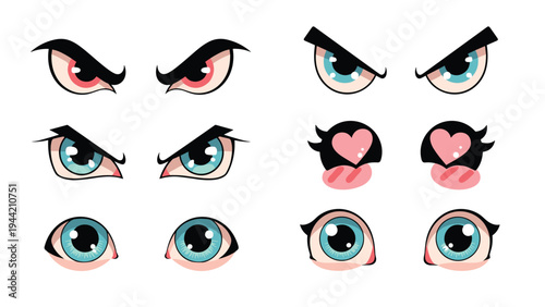 Collection of six pairs of cartoon eyes showing different emotions like anger, love, and happiness in various bright colors.