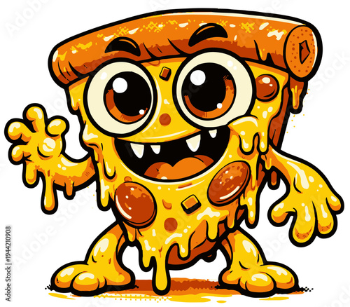 A humorous monster character made entirely from a slice of pizza. The playful expression and simple composition make it ideal for stickers.
