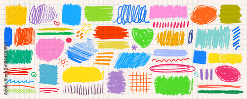 Crayon scribble box text underline set in bright yellow blue green pink and o...