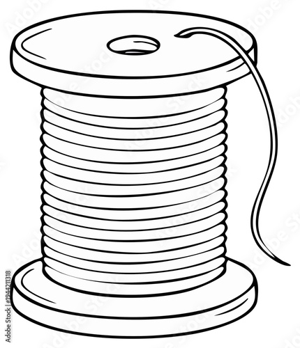 Black and white illustration of a spool of thread with thread trailing off the top