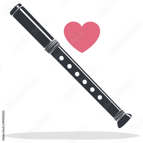 Love of music concept with a simple flute icon and pink heart symbol